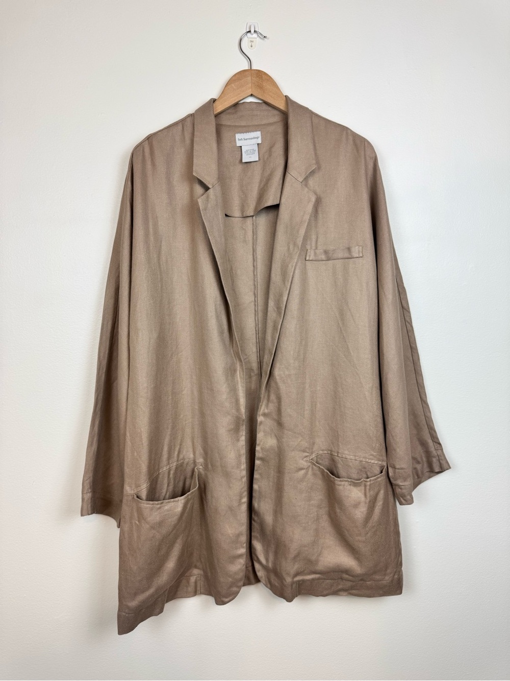 Soft Surroundings Women 100% Linen Camel Brown Long Blazer size XL